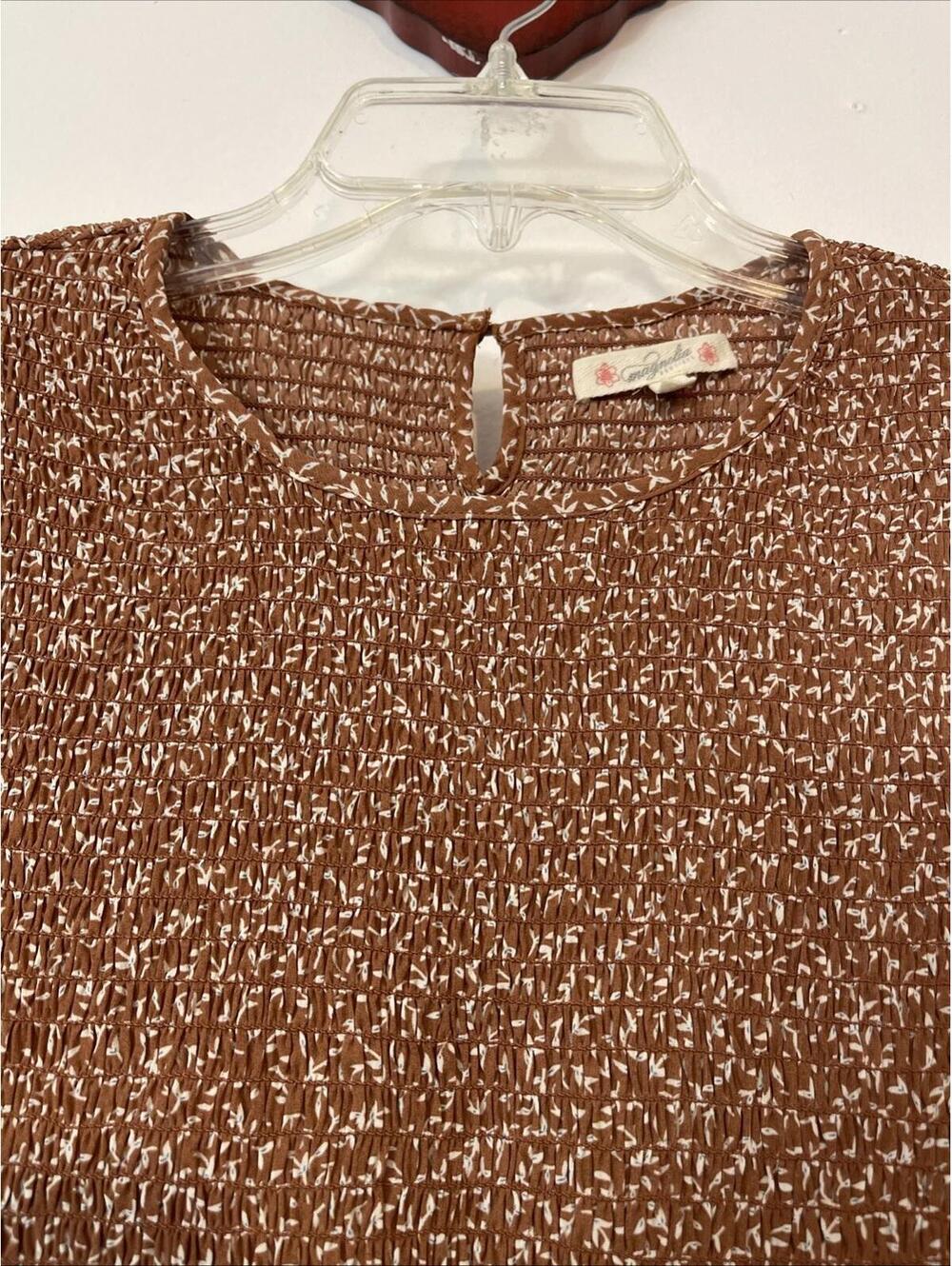 Magnolia Womens Medium Brown Floral Pleated Elastic-Waist Ruffled Blouse! A6846 - Picture 3 of 9